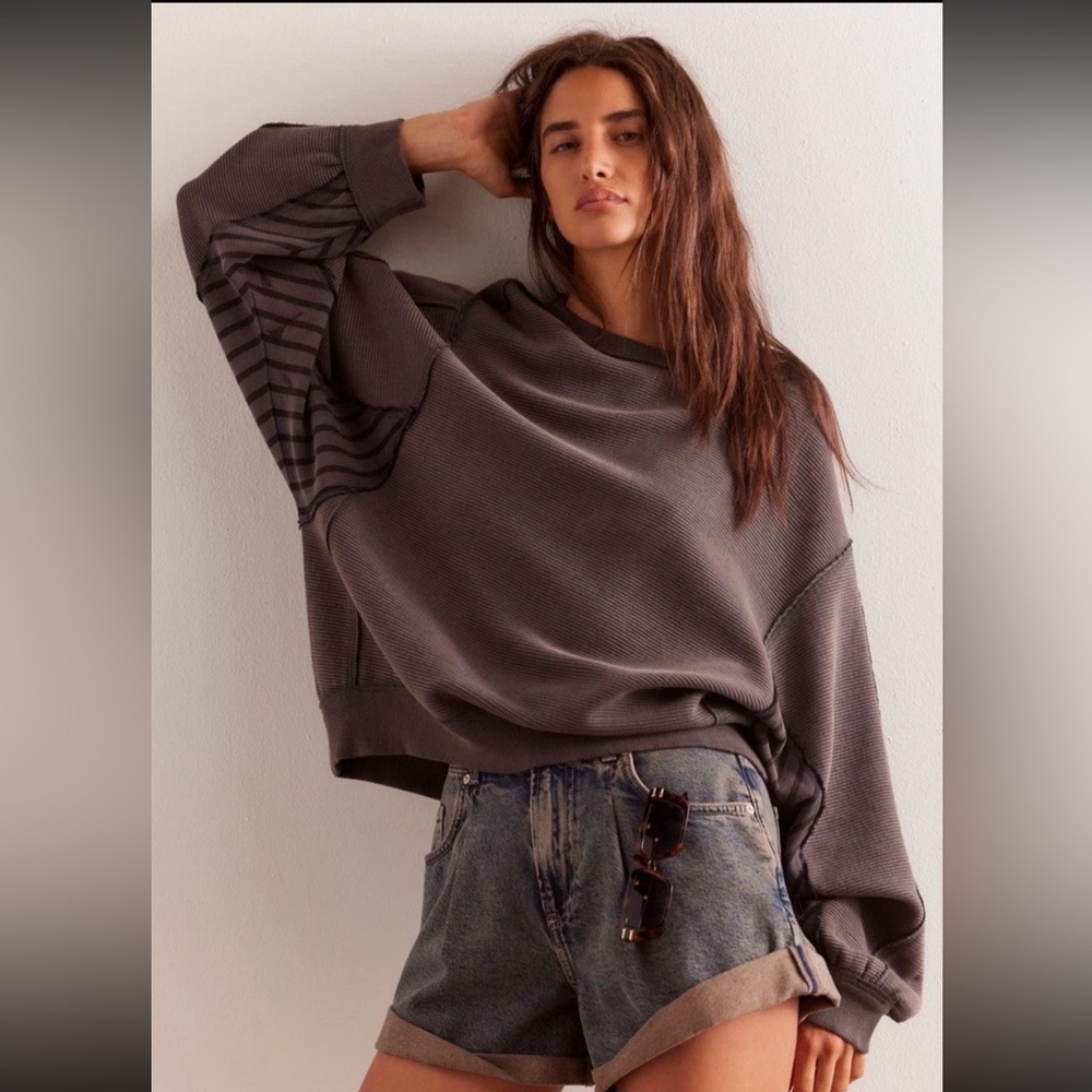 Free People End Game Pullover We The Free Ribbed Hems Slouchy Washed Black